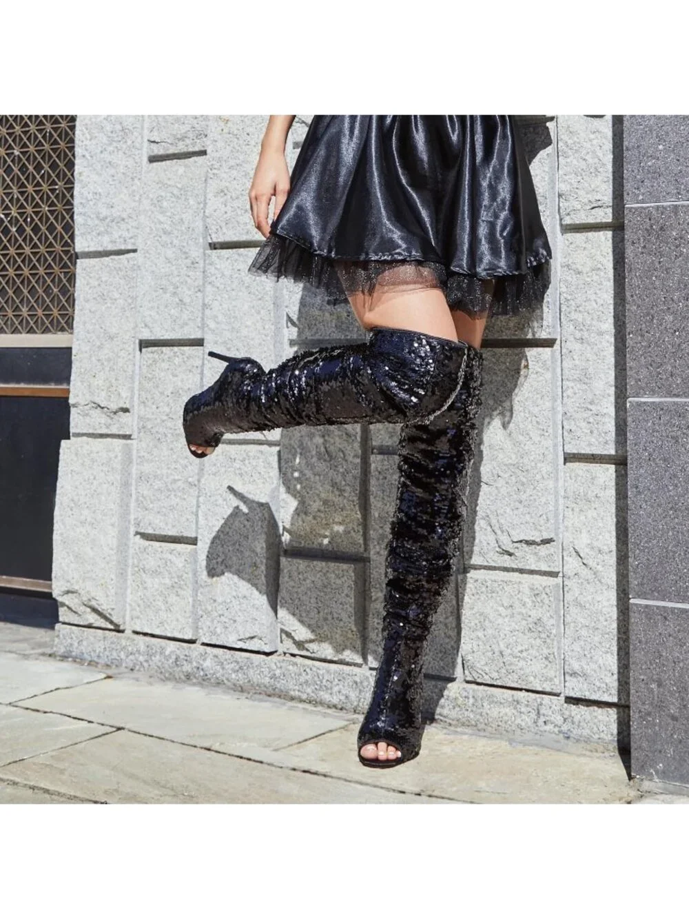 Women's Black Leather Sparkly Peep Toe Stiletto Heel Thigh High Boots